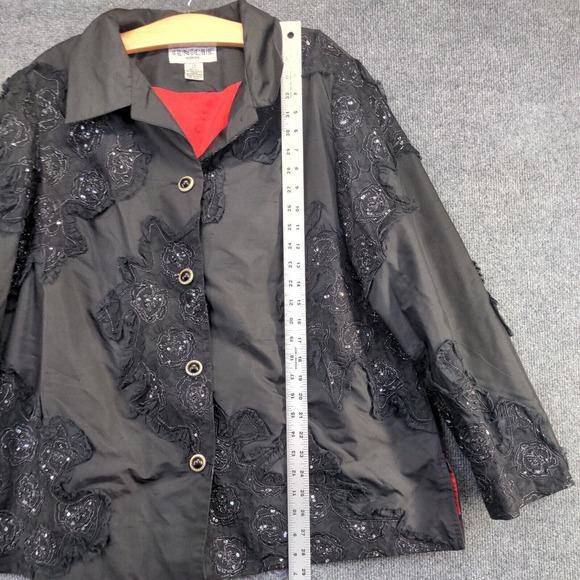 Tunique Women's Button Up Silk Blend Blouse Black Size 1X Floral Accents - Picture 8 of 11